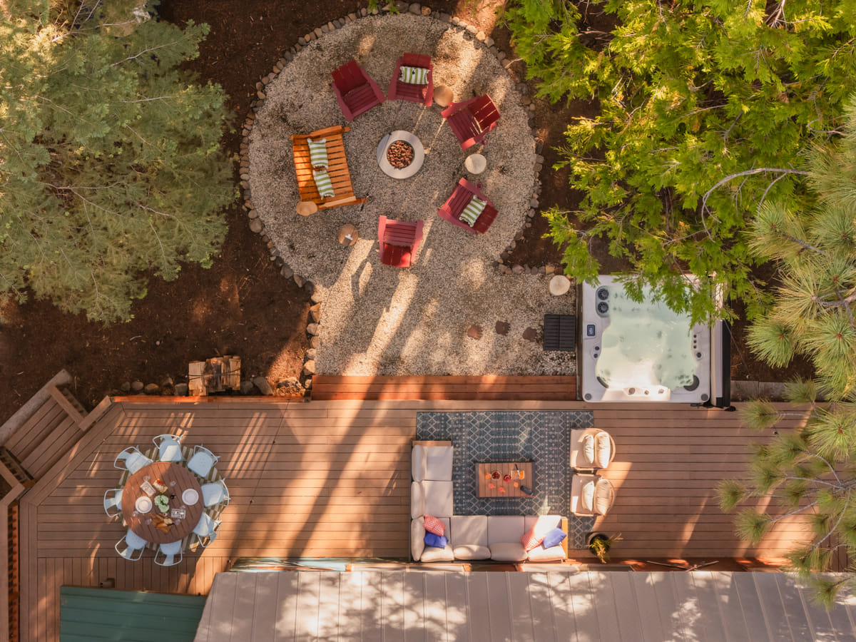 The fire pit and the deck from above